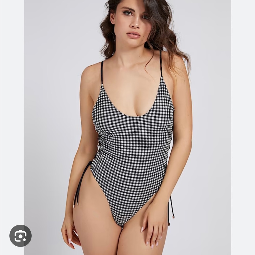 NWT Guess Lace Up Black Checkered Onepiece Swimsuit